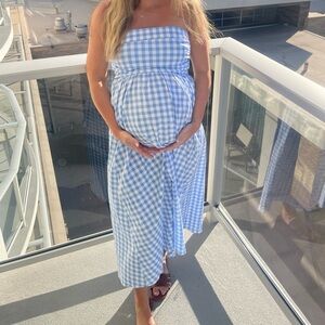 blue white Gingham Print Tube maxi Dress